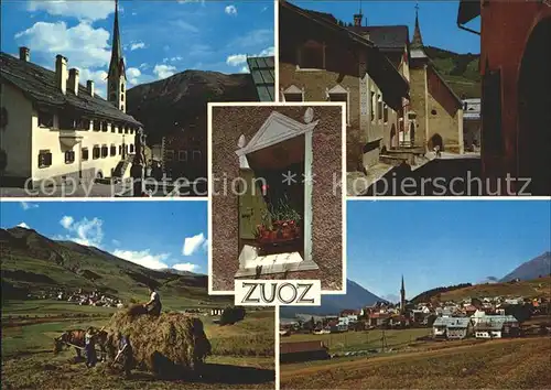 Zuoz GR Kirche Dorfpartie Heuernte Panorama Kat. Zuoz