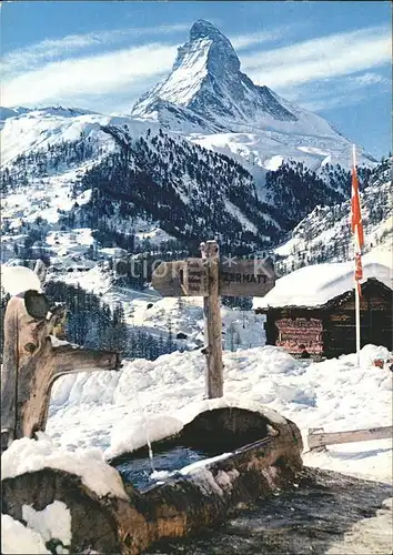 Zermatt VS Winkelmatten mit Matterhorn Wegweiser Brunnentrog Kat. Zermatt