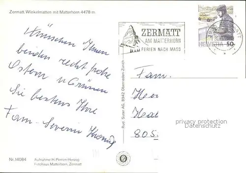 Zermatt VS Winkelmatten mit Matterhorn Wegweiser Brunnentrog Kat. Zermatt