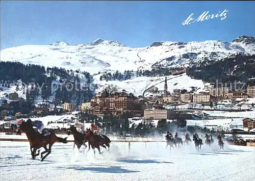 St Moritz GR mit Corviglia und Piz Nair Pferderennen im Schnee Kat. St Moritz