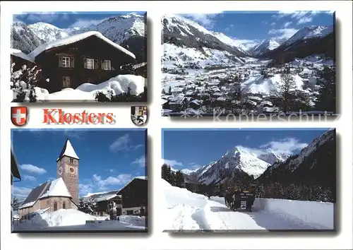 Klosters GR Panorama Dorfpartie Kirche Pferdeschlitten Kat. Klosters