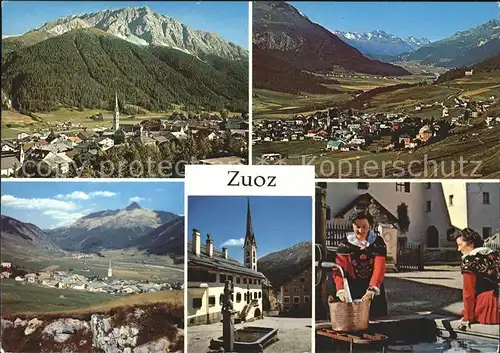 Zuoz GR Panorama Dorfpartie Engadinerinnen am Dorfbrunnen Kat. Zuoz