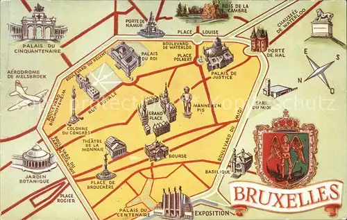 Bruxelles Bruessel Ausschnitt Stadtplan mit Sehenswuerdigkeiten Wappen Krone Kat. 
