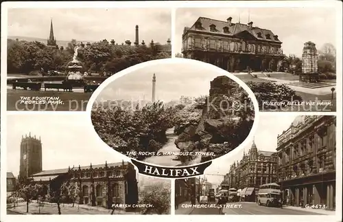 Halifax Calderdale Fountain Park Museum Parish Church Commercial Street Rocks and Wainhouse Tower Valentines Post Card