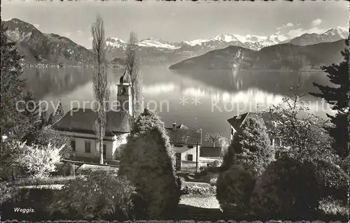 Weggis LU Kirche mit Vierwaldstaettersee und Alpen Kat. Weggis