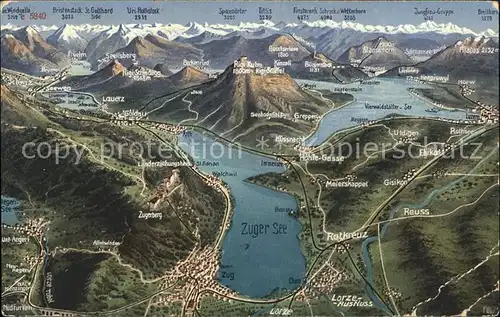 Zug ZG Panoramakarte Zuger See Vierwaldstaettersee Alpen Kat. Zug