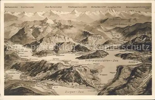 Vierwaldstaettersee SZ Panoramakarte mit Zugersee und Alpen Kat. Brunnen
