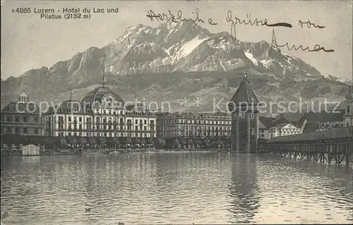 Luzern LU Hotel du Lac mit Kapellturm und Pilatus / Luzern /Bz. Luzern City