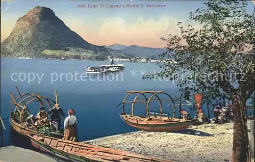 Lago di Lugano Monte San Salvatore Fischerboote Kat. Italien