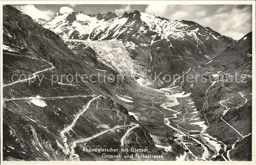 Gletsch Rhonegletscher mit Grimsel und Furkastrasse Kat. Rhone