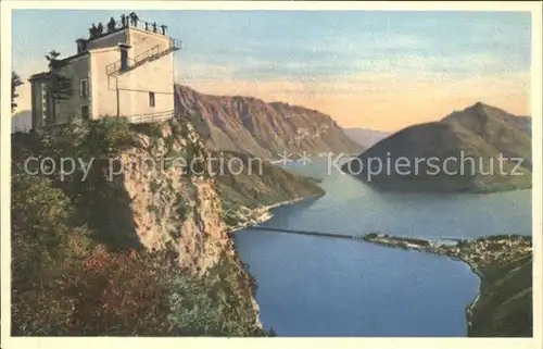 Lago di Lugano Monte San Salvatore e Ponte di Melide Kat. Italien