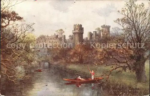 Warwick Castle from the Bridge Colour Drawing by W. Quatremain Kuenstlerkarte Kat. Grossbritannien