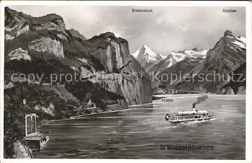 Vierwaldstaettersee SZ mit Tellsplatte Flueelen Bristenstock Gitschen Faehrschiff Kat. Brunnen