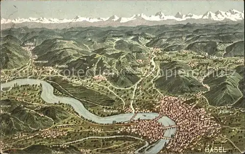 Basel BS Panoramakarte Alpen Rhein Kat. Basel