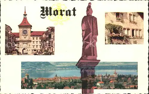 Morat Murten Berntor Statue Erker Panorama Kat. Murten