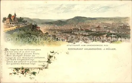 Stuttgart Panorama Blick vom Kanonenwege aus Restaurant Uhlandshoehe Gedicht Gerok Kat. Stuttgart