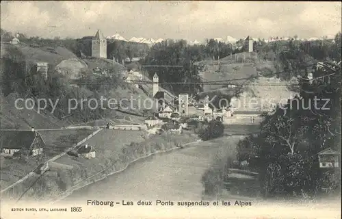 Fribourg FR Les deux Ponts suspendus et les Alpes Kat. Fribourg FR