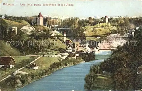 Fribourg FR Les deux ponts suspendus et les Alpes Kat. Fribourg FR