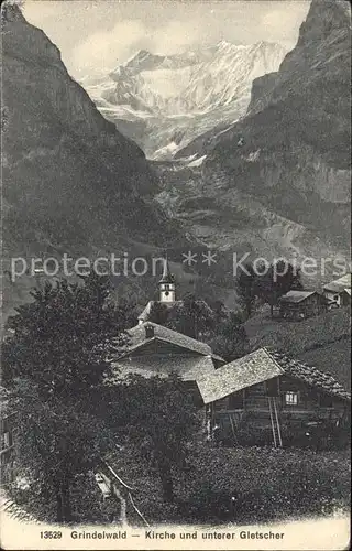 Grindelwald Dorfpartie mit Kirche und Gletscher Kat. Grindelwald