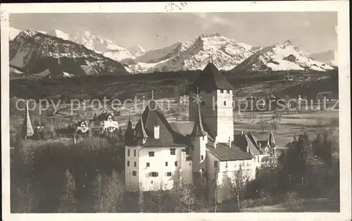 Spiez BE Kirche und Schloss mit Bluemlisalp Kat. Spiez