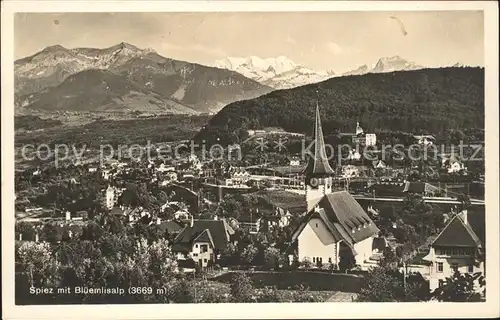 Spiez BE am Thunersee mit Kirche und Bluemlisalp Kat. Spiez