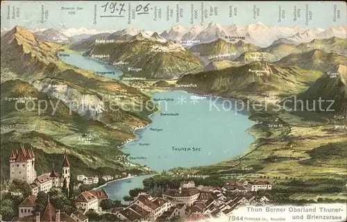 Thunersee mit Brienzersee Berner Oberland Panoramakarte Kat. Thun