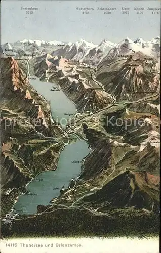 Thunersee mit Brienzersee Berner Oberland Panoramakarte Kat. Thun
