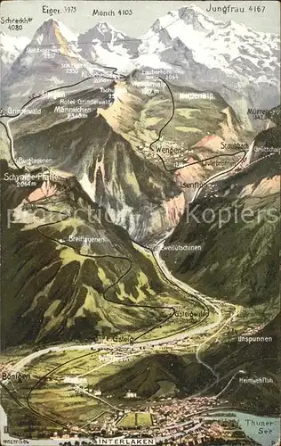 Interlaken BE mit Schreckhorn Eiger Moench Jungfrau Panoramakarte Kat. Interlaken