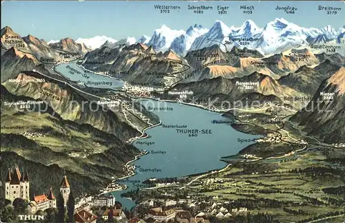 Thunersee mit Brienzersee Berner Oberland Panoramakarte Kat. Thun