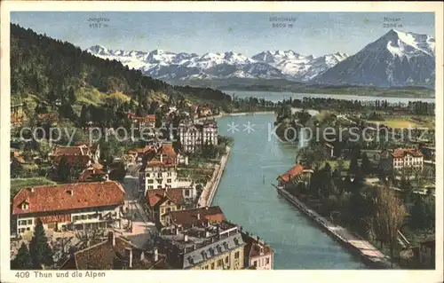 Thun BE Panorama mit Jungfrau Bluemlisalp Niesen und Aare Kat. Thun