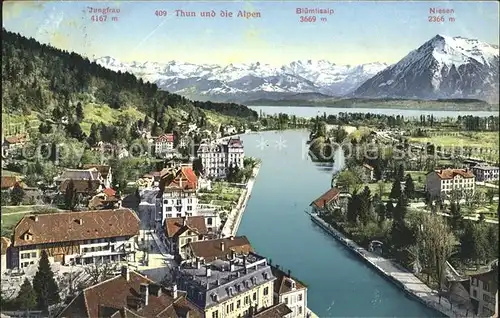 Thun BE Panorama mit Jungfrau Bluemlisalp Niesen und Aare Kat. Thun