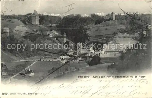 Fribourg FR Les deux Ponts suspendus et les Alpes Kat. Fribourg FR