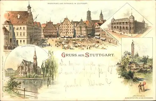 Stuttgart Marktplatz Rathaus Landesgewerbemuseum Jaegerhaus Aussichtsturm Hasenberg Johanneskirche See Kat. Stuttgart