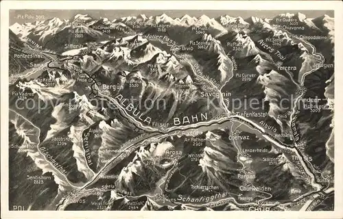 Albulabahn und Umgebung aus der Vogelschau Panoramakarte Kat. Albula