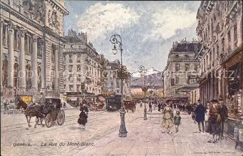 Geneve GE La Rue du Mont Blanc Pferdekutschen Strassenbahn Kat. Geneve