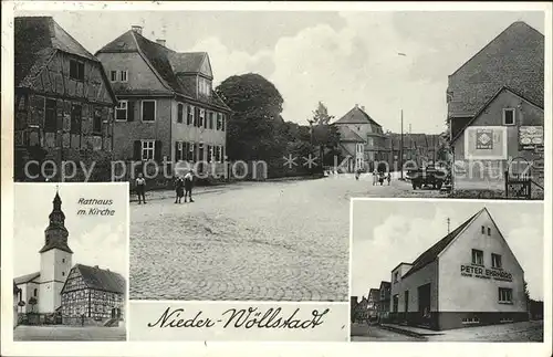 Nieder Woellstadt Strassenpartie Kirche Rathaus Peter Erhard Ladengeschaeft Bahnpost