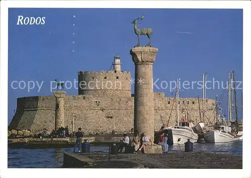 Rhodos Rhodes aegaeis Hafeneinfahrt Festung Statue Elafos Elafina Kat. 