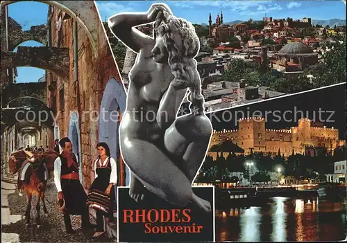 Rhodos Rhodes aegaeis Altstadt Trachten Statue Ritterpalast bei Nacht Kat. 
