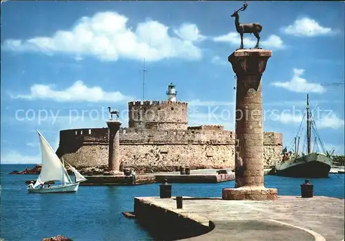 Rhodos Rhodes aegaeis Hafeneinfahrt Festung Statue Elafos Elafina Segelboot Kat. 