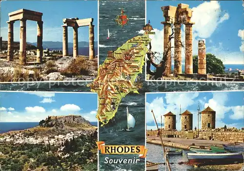 Rhodos Rhodes aegaeis Teilansicht Landkarte Tempel Ruine Antike Windmuehle Kat. 