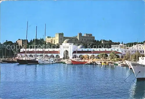 Rhodos Rhodes aegaeis Ansicht des neuen Marktes Hafen Schiffe Palast Kat. 