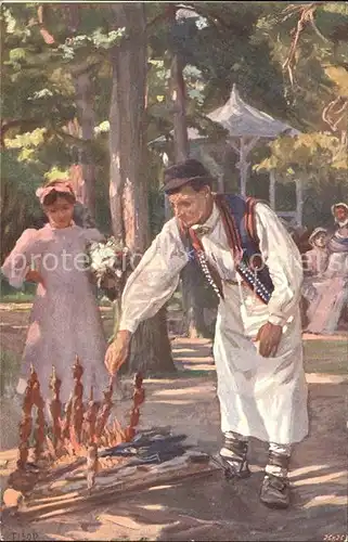 Agram Types Rotisseur de viande aux jardin Maximir Kuenstlerkarte J. Tisov