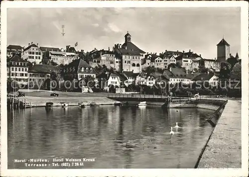 Morat Murten Hotel Weisses Kreuz Terrasse Schwanenteich Kat. Murten