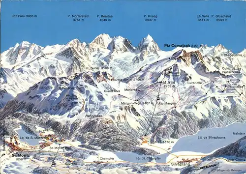St Moritz GR Oberengadin Panoramakarte Skigebiete Kat. St Moritz