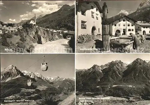 Scuol Tarasp Vulpera Ortsblick Dorfplatz Brunnen Seilbahn Motta Naluns  / Scuol /Bz. Inn