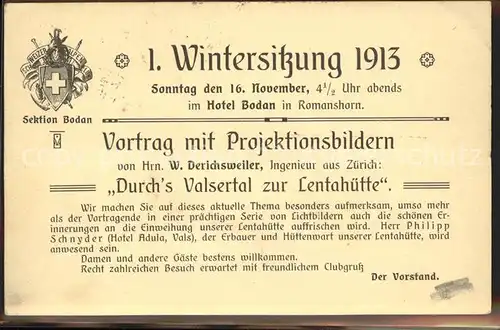 Kreuzlingen TG Sektion Bodan Erste Wintersitzung 1913 Einladung Kat. Kreuzlingen