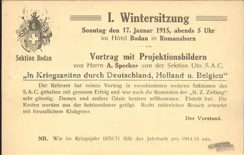 Kreuzlingen TG Sektion Bodan Erste Wintersitzung 1915  Einladung Kat. Kreuzlingen