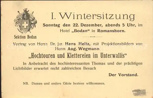 Kreuzlingen TG Sektion Bodan Erste Wintersitzung 1912  Einladung Kat. Kreuzlingen