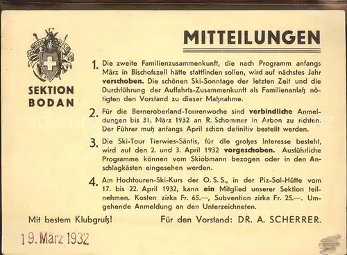 Kreuzlingen TG Sektion Bodan Klubmitteilungen Kat. Kreuzlingen