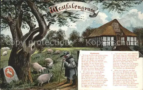 Westfalen Region Heimatbilder Westfalenlied Gruss Bauernhaus Schafherde Wappen /  /